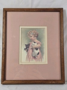 Framed Vintage Print  Child with Kitten and Black Cat