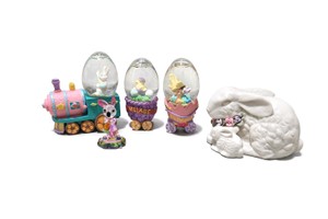 Vintage Easter Bunny Spring Decor Lot Train Egg Domes Figurine White Rabbit Statue