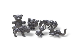 6 Pc Silver Tone Mini Animal Figurine Lot Dragon, Bear, Dog, Donkey, Buffalo, Koala