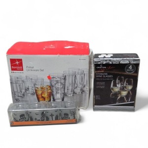 Drinkware Lot - Bormioli Rocco Pulsar Set, Crofton Stemless Wine Glasses and Skull Glasses