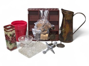 Mixed Home Decor Lot - Metal Decorative Pitcher, Candlesticks, Tic Tac Toe, Stained Glass and More