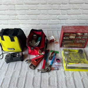 Misc. tools, bits, and Ryobi battery charge