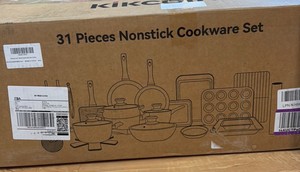 31-Piece Nonstick Cookware Set Kikcoin - Pans, Lids, Steamer, Grill Pan, Silicone Utensils, 6-Piece Bakeware, Cooling Rack, Pan Protectors