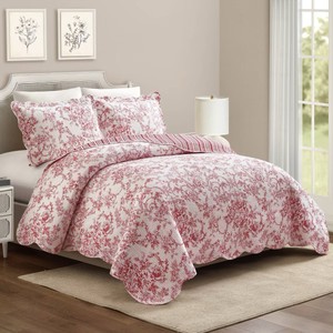 Modern Heirloom Full Queen Quilt Set, 1 Quilt 88 x 90 inches and 2 Shams 20 x 26 inches Gardem Toile Pattern, White and Red