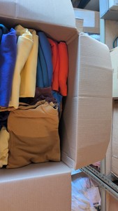 box of sweatshirts