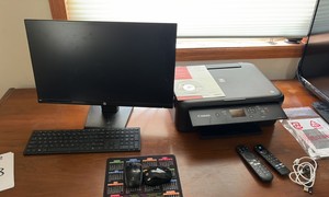 desktop computer lot including monitor, peripherals, pc, and printer
