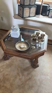 wooden table with glass top dimensions are 39 inches by 39 inches by 16 inches.