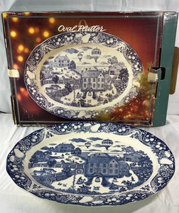 Sanyei Japan Blue and White Oval Platter with Box