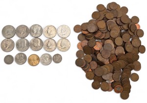 2 LB Unsearched Pennies  10 Kennedy Half Dollars  Barber Quarter & Dime  Dollar Coins - Estate Coin Lot