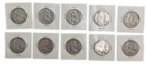 10 Franklin Half Dollars - 90% Silver Lot - Over $250 Melt Value - 3.6169 Troy Oz Pure Silver