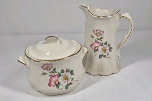 Floral Porcelain Creamer Sugar Bowl Set Gold Trim Vintage Tableware