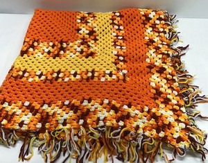 Handmade Crochet Afghan Throw Blanket Orange Yellow Brown Granny Square Fringe
