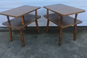 Vintage Woodgrain Laminate End Tables Pair Two Tier Side Tables Turned Legs