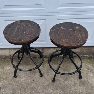 Vintage Industrial Adjustable Stool Cast Iron Base Wood Seat Drafting Stool