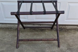 Wood Folding Luggage Rack Stand Dark Finish Suitcase Holder Strap Top