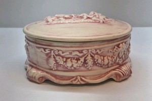 Vintage Relief Cherub Trinket Box Pink White Ceramic Decorative Lidded Dish