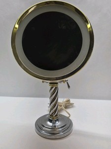 Vintage Lighted Vanity Makeup Mirror Tabletop Swivel Chrome Gold Tone Spiral Stand