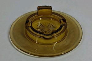 Vintage Amber Glass Ashtray With Matching Plate Set Mid Century Pressed Glass