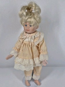 Brinns 1993 Porcelain Doll Blonde Hair Blue Eyes Lace Dress Collectible