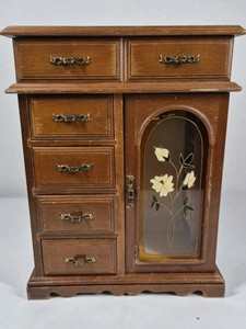 Wood Jewelry Armoire Cabinet Mirror Top Drawers Floral Glass Door Necklace Storage