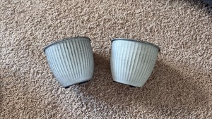 Natural IronStone GardenFlower Pots, Two Small Pots 6 Inches Wide 0.4 Gallon Size Light Brown Tannish Color With Decorative Lines