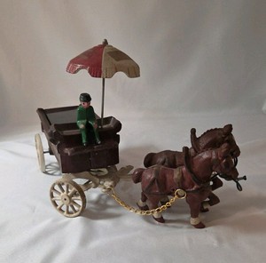 Vintage Cast Iron Fruits &amp; Vegetables Wagon w/Horses - Sunny Brook Farms - 14" L x 5" H x 5"W-&nbsp; CAST IRON-VERY COLLECTIBLE