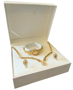 1980s Costume Gold & Rhinestone Necklace, Earrings & Watch