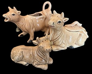 Vintage Ceramic Brown Cow Sugar, Creamer & Shaker Set
