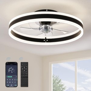 20 in. Indoor LED Black Low Profile Ceiling Fan Flush Mount Smart App Remote Control Dimmable Lighting