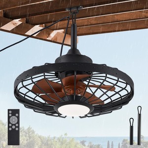 20 in. Outdoor Walnut Waterproof Caged Ceiling Fan Rope Hook Portable Hanging Ceiling Fan with Light and Remote