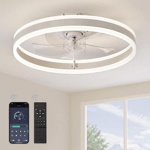 HINNIXY 20 in. Smart Indoor Matte White Flush Mount Color Changing LED Ceiling Fan with Light Kit and Remote and App Control