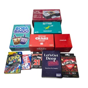 Mixed Card Game & Party Game Lot with UNO, Boba Bingo, Crabs & More