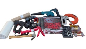 Mixed Tool Lot With Makita Blower, Performax Detail Saw, Stapler, Caulk Gun, Door Knobs and More