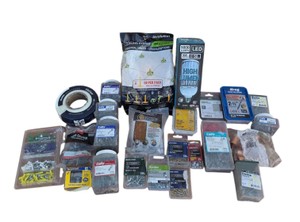 Mixed Hardware Lot with Screws, Fasteners, LED Bulb, Tape & Leveling System