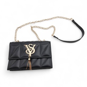Black Quilted Chain Strap Crossbody Purse with Gold VS Logo