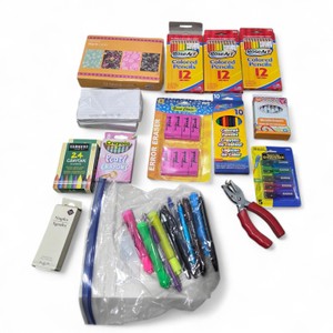 Mixed Arts & Crafts Supply Lot with Colored Pencils, Crayons, Pens & Blank Cards