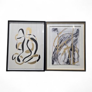 Pair of Framed Abstract Wall Art Prints with Gold & Black Accents