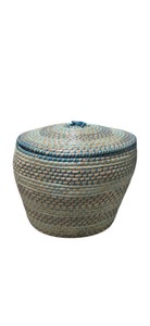Lidded Wicker Basket - Woven Storage Basket with Blue Accents