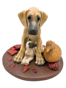 Great Dane Decor Lot Large Seated Dog Figurine, Small Dog Figure, Signed Duck Carving