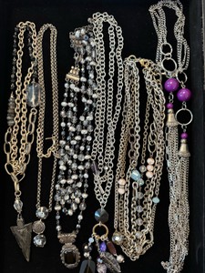 Long chain necklaces with blue, gray, purple accents