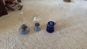 (2) Vintage oil lamps, cobalt blue jar, glass chimney