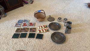 Coasters, London plates, pewter cups.