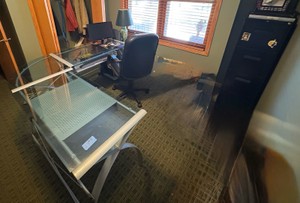 L-Shaped glass desk, chair, and 2 filing cabinets