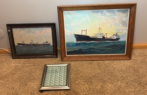 Boat themed art 2 paintings and 1 stamp sheet