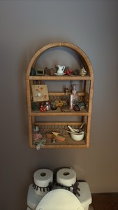 3-Tier Rattan wall shelf Vintage bells, bottles, and more
