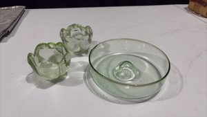 Hand Blown Vintage Green Glass and Candle Holders