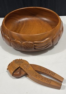 Large Vintage Wood Fruit Bowl and Ornate Hand Carved Wooden Nut Cracker