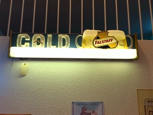 Vintage Falstaff Beer Sign with Frosty Mugs, Ice Cube Lettering, and a Clock