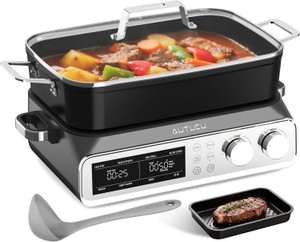 N21NA Pro Slow Cooker 10 Quart, 8-in-1 Programmable PFOA-Free Ceramic Coated Multi-Cooker with Grill Pan, Steaming Plate (Includes Silicone Spoon & Tongs)  Retail $250