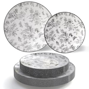 Crown Display Black Floral Disposable Plates 40 Pc Set  20- 8 plates & 20-10 Plates Plastic Dinnerware